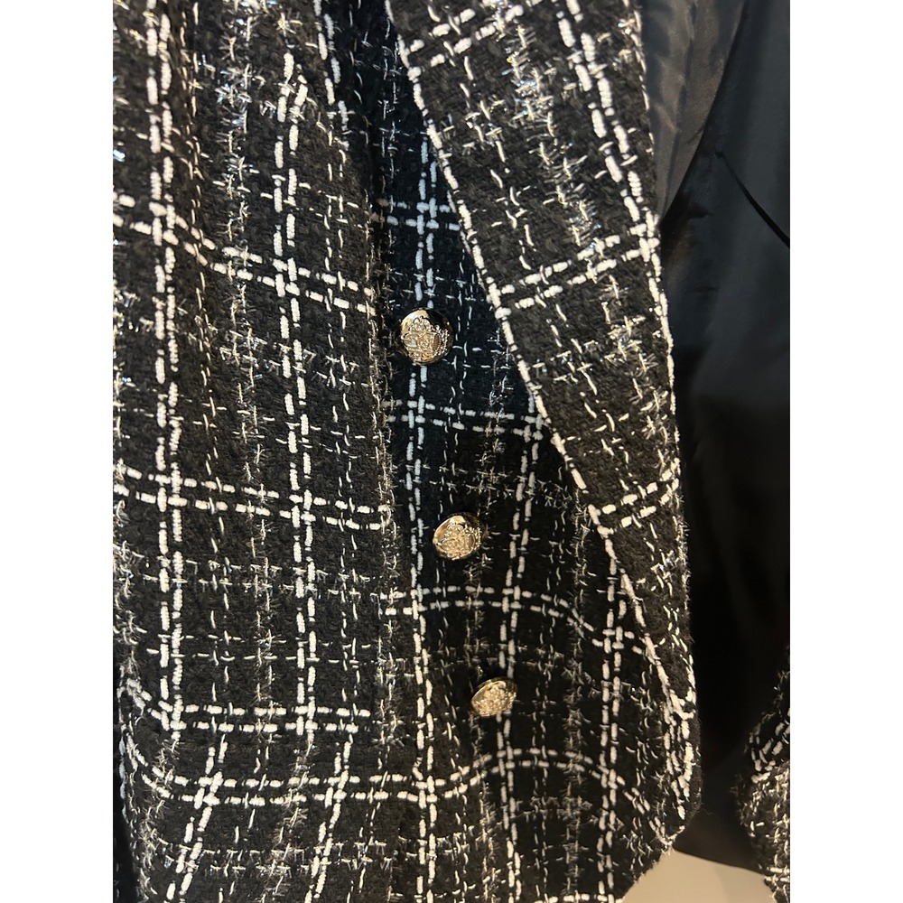 SHEIN CURVE Black White Plaid Tweed Double Breasted Blazer Gold Buttons 1XL - Picture 3 of 8